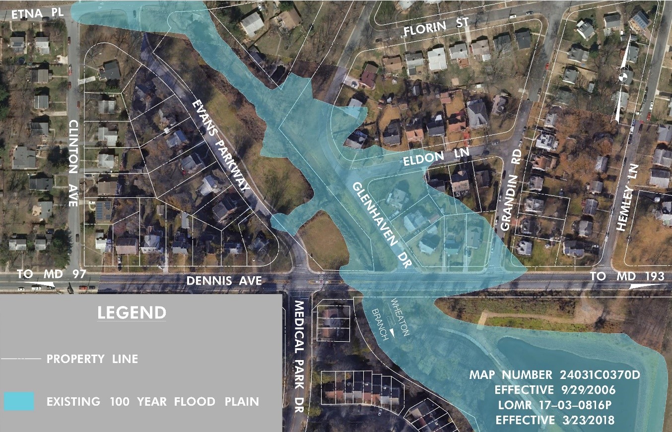 Aerial map of Wheaton Branch existing 100 year flood plain