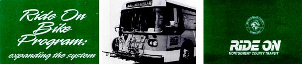 Ride On Bike Program: expanding the system; vintage photo of bus with bike on rack; Ride On logo