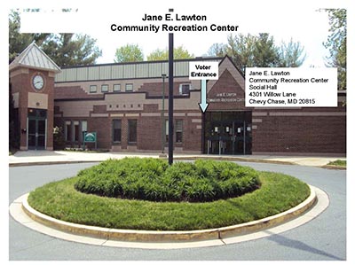 Jane E Lawton Community Recreation Center building and entrance. 