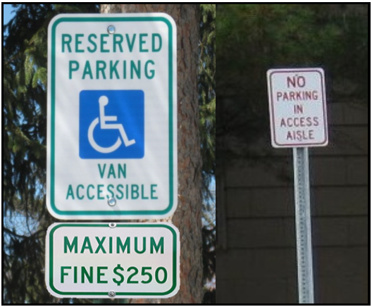 Reserved Parking Van Accessible Sign with Maximum Fine $250 Sign on One Pole and a separate No Parking in Access Aisle Sign on another pole