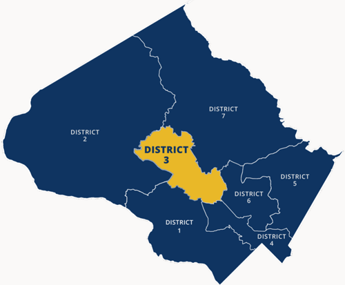 District 3 map includes Gaithersburg, Rockville, Washington Grove, Leisure World, and parts of Aspen Hill, Derwood, North Potomac and Potomac.