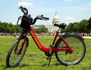 photo of bikeshare bike with the US Capitol in the background