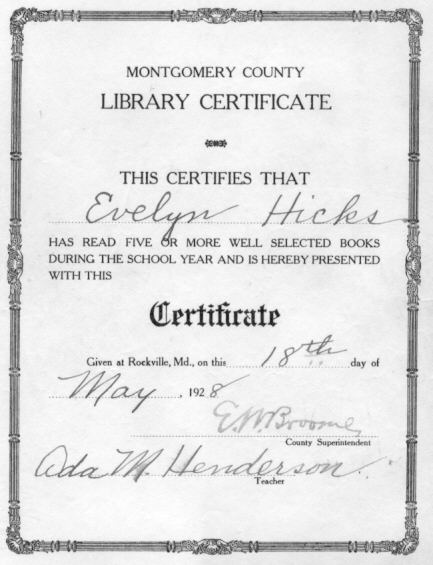 Evelyn Hicks Gaunt's reading certificate