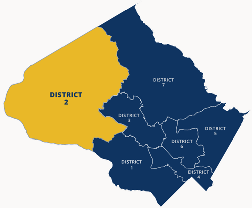map of District 2 includes Barnesville, Boyds, Comus, Damascus and Hyattstown, Germantown and Clarksburg