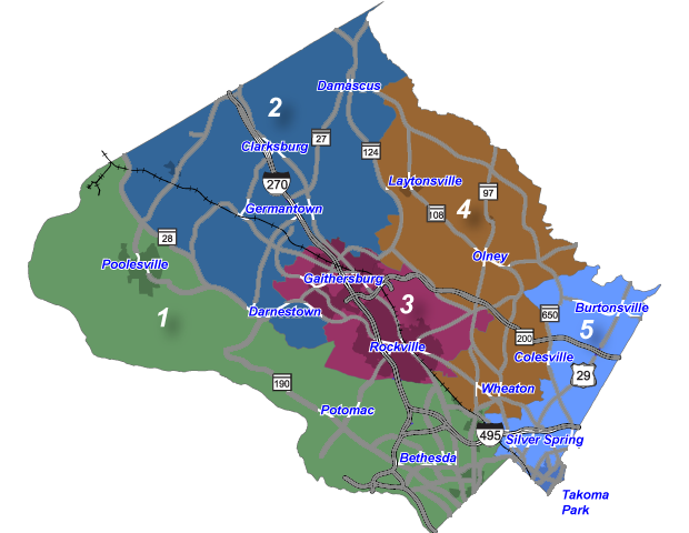 Map of Montgomery County with Council Districts differentiated in different colors