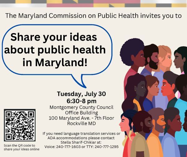En el gráfico se lee “la Comisión de Salud Pública de Maryland: ¡se complace en invitarlo(a) a una reunión para intercambiar ideas sobre el estado de la salud pública en Maryland!” con un código QR.