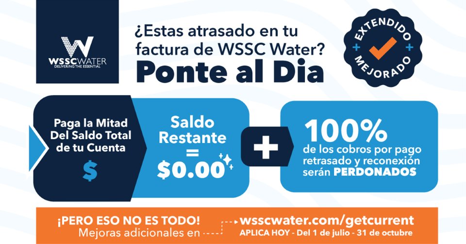 Estas atrasado en tu factura de WSSC Water? Ponte al Dia. wsscwater.com/getcurrent