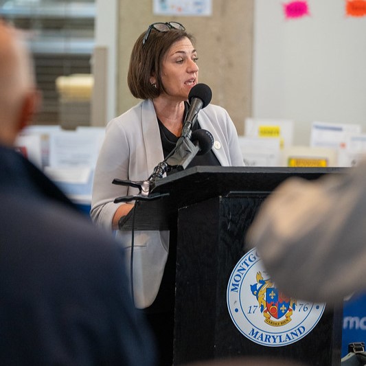 La presidenta del Concejo Kate Stewart habla en la feria de recursos Unidos en Servicio y Apoyo para apoyar a los empleados federales y las personas que se han visto afectadas por las acciones federales.