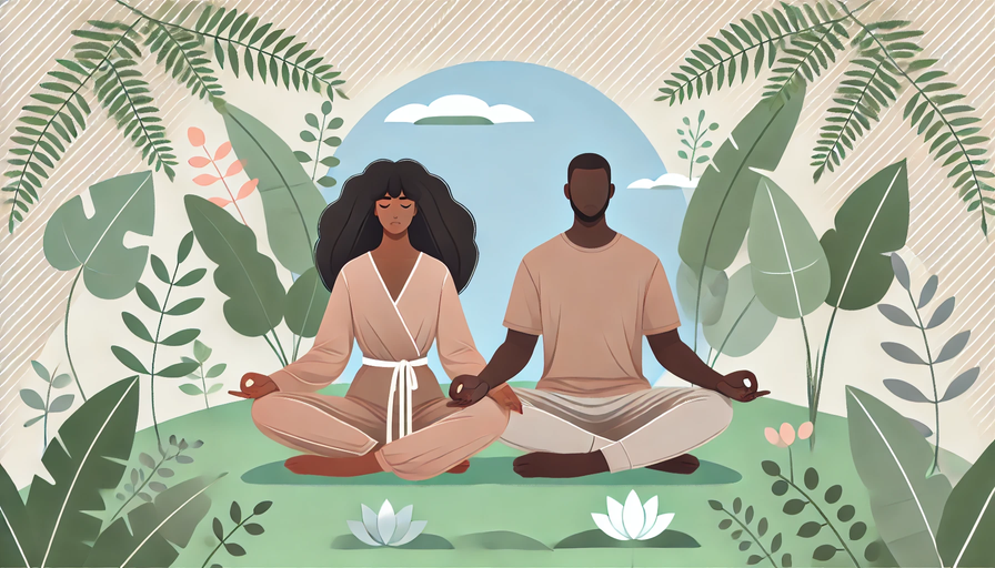 Animación de un hombre y una mujer afroamericanos meditando con plantas alrededor.
