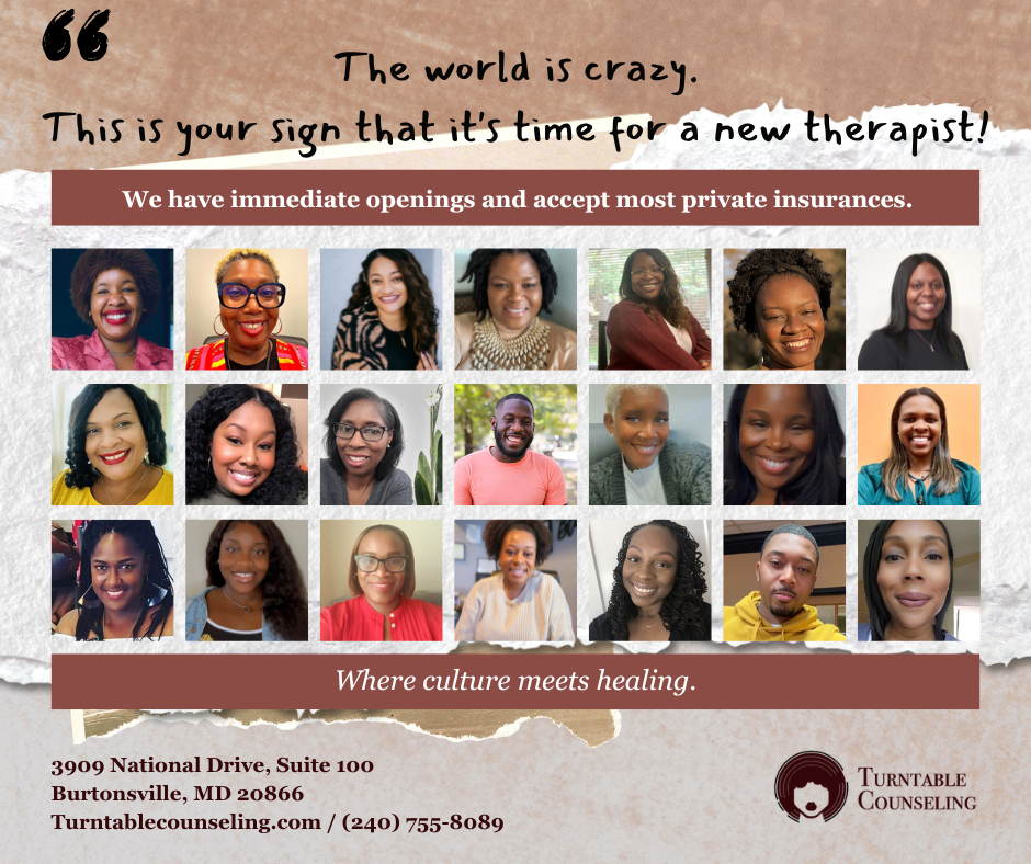 The team at Turn Table Counseling. Text: 'The world is crazy. This is your time to get a new therapist.'