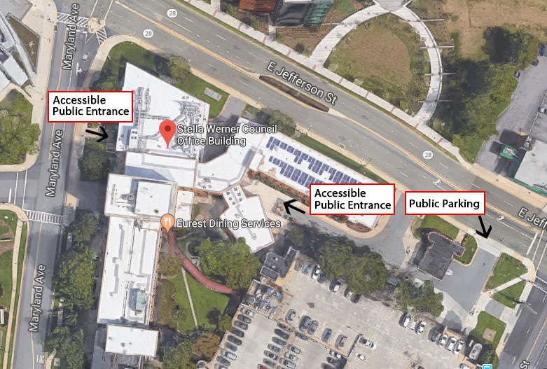 Council building with accessible public entrance and parking identified