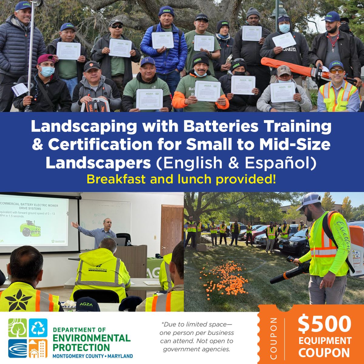 Group of landscapers holding certificates, landscapers attending indoor training class, landscapers watching outdoor demonstration of electric leafblowing.