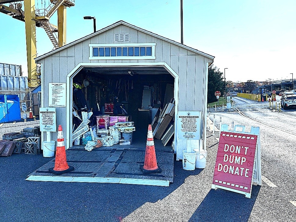 Photo of a shed containing various types of building materials dropped off for Montgomery County's Don't Dump Donate! Program.