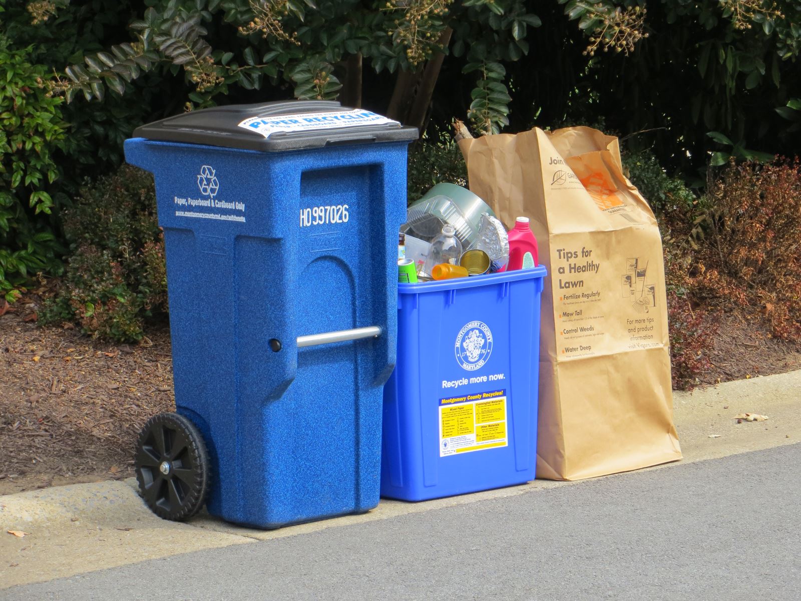 mixed paper and card board recycling cart, 22-gallon blue recycling bin, and yard waste in paper yard waste bag