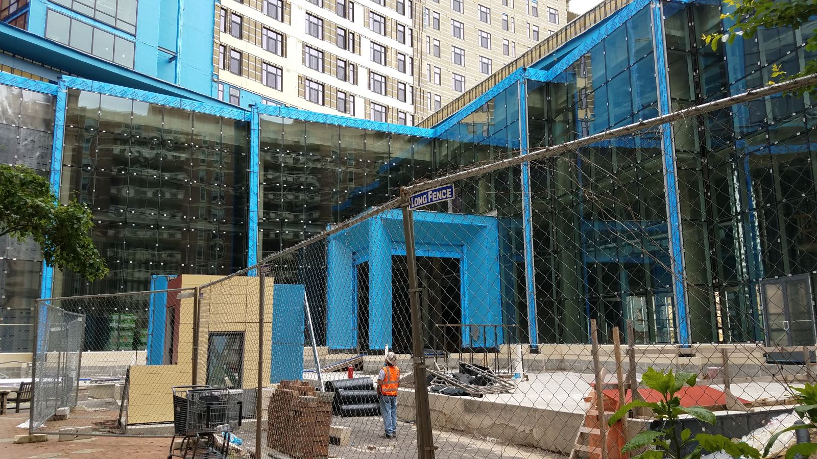 View of ongoing construction at the main entrance to the building