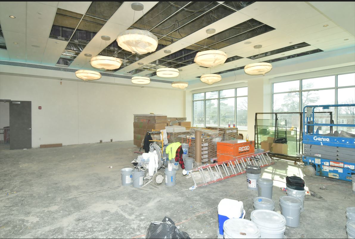 View of construction work in Social Hall at second level.