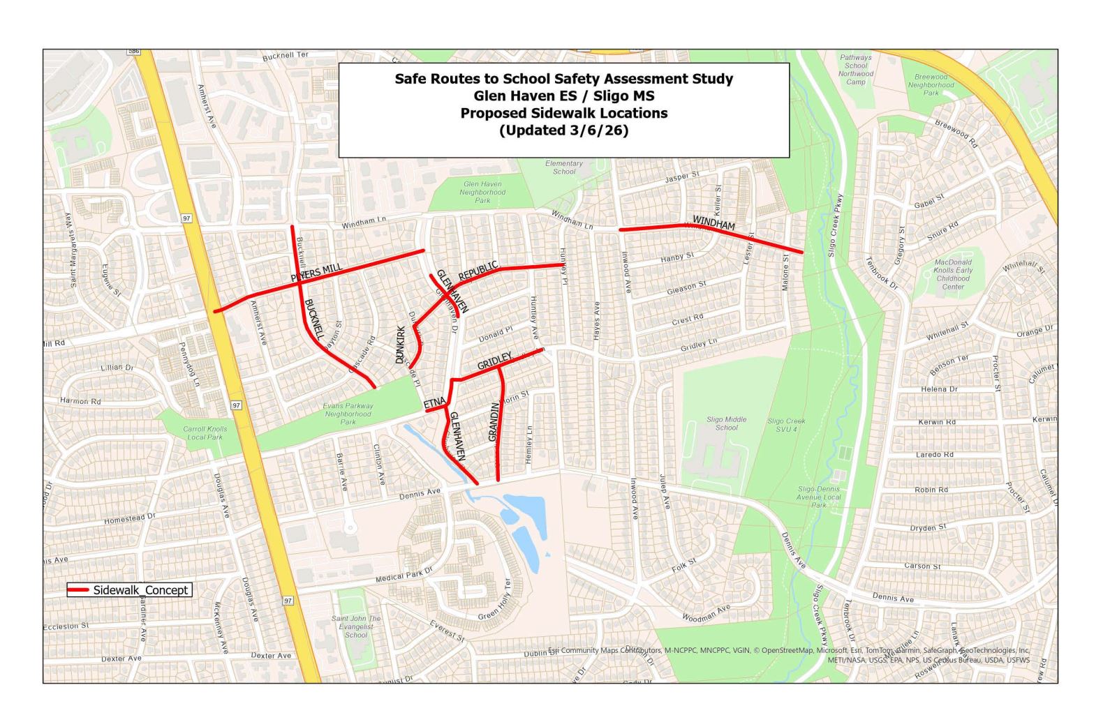Map of sidewalk segments that MCDOT has concepts on
