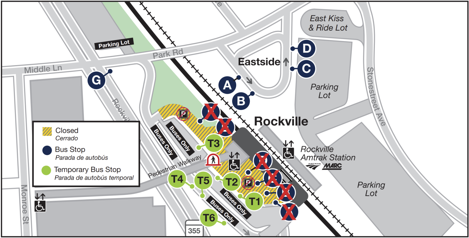 Map of temporary bus stops at the Rockville Metro Station
