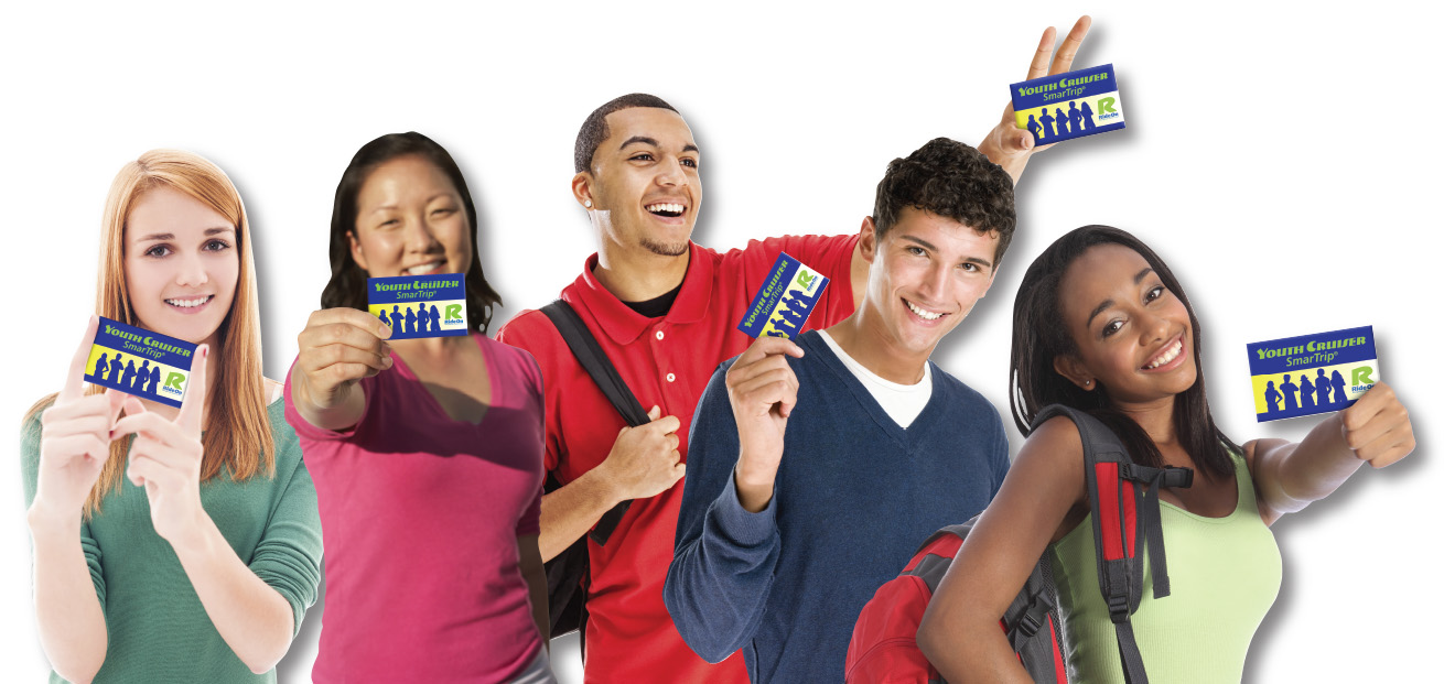 five teens holding Youth Cruiser SmarTrip cards