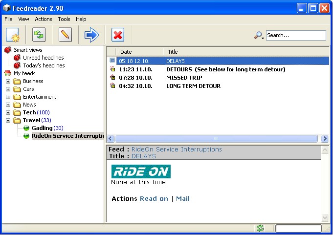 Rideon Feed example displayed in Feedreader.