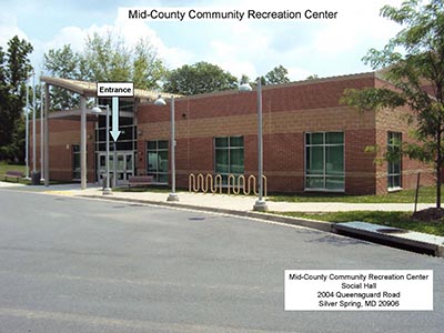 Mid-County Community Recreation Center building and entrance. 