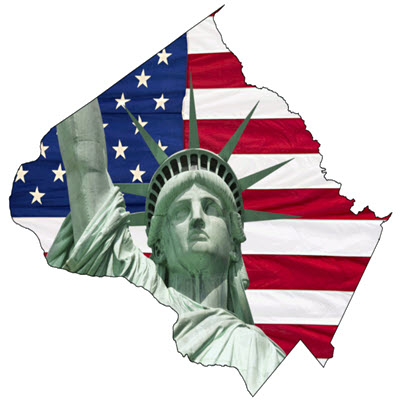 MocoVotes App Logo - Montgomery County Logo with the Statue of Liberty head and American Flag fill. 