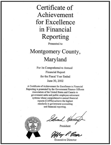GFOA Award Certificate