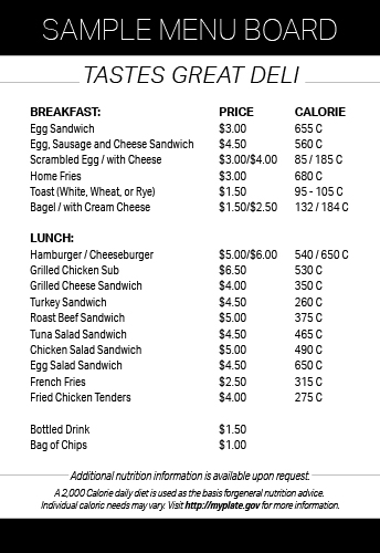 Sample Menu Board that lists standard menu items with calories