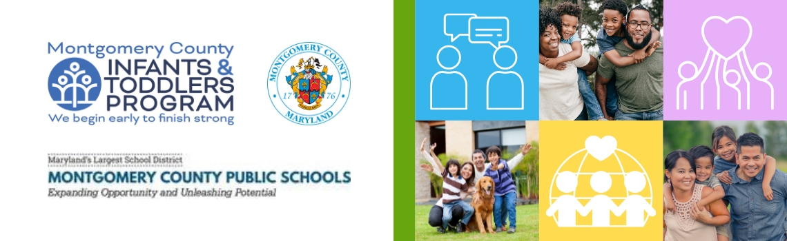 Family Support Network banner - with county seal, ITP logo, MCPS logo, and three images of three different families