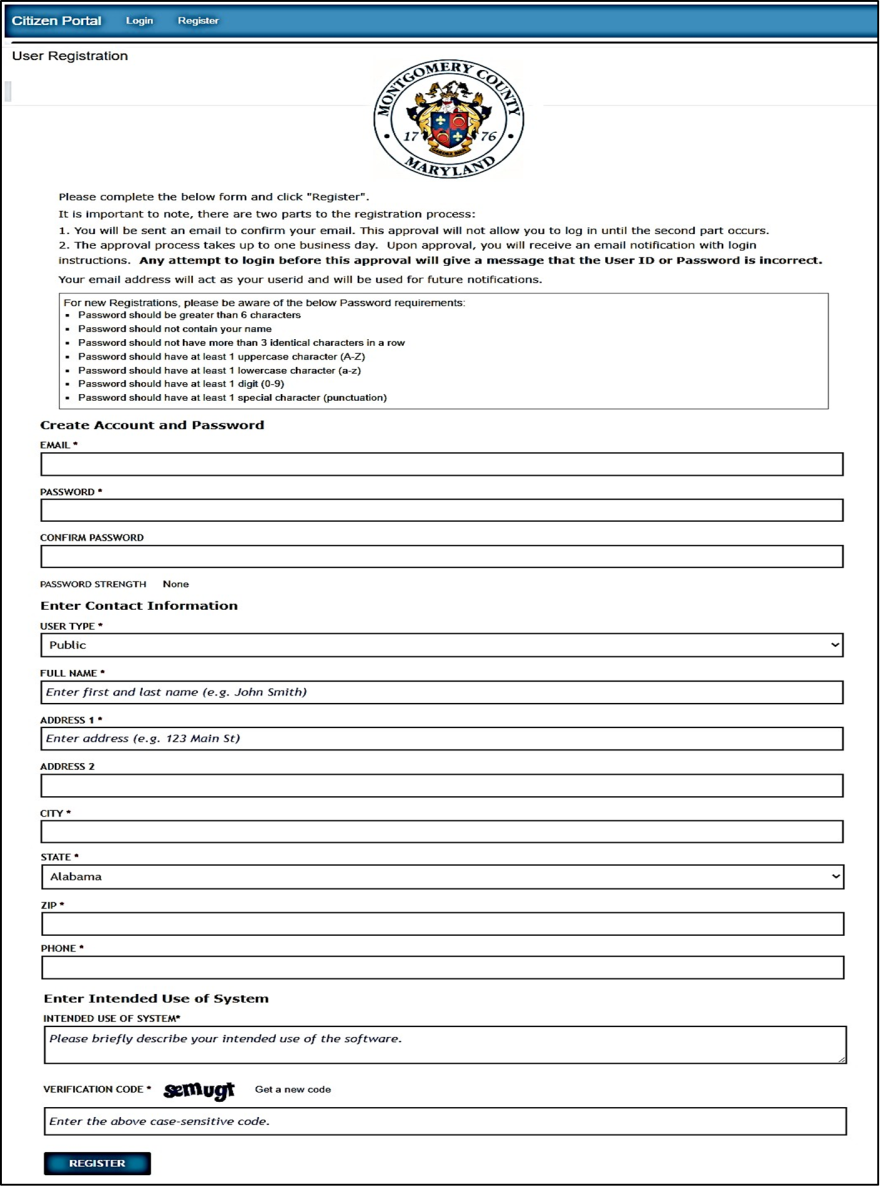 User Registration screen, described in text above this image.