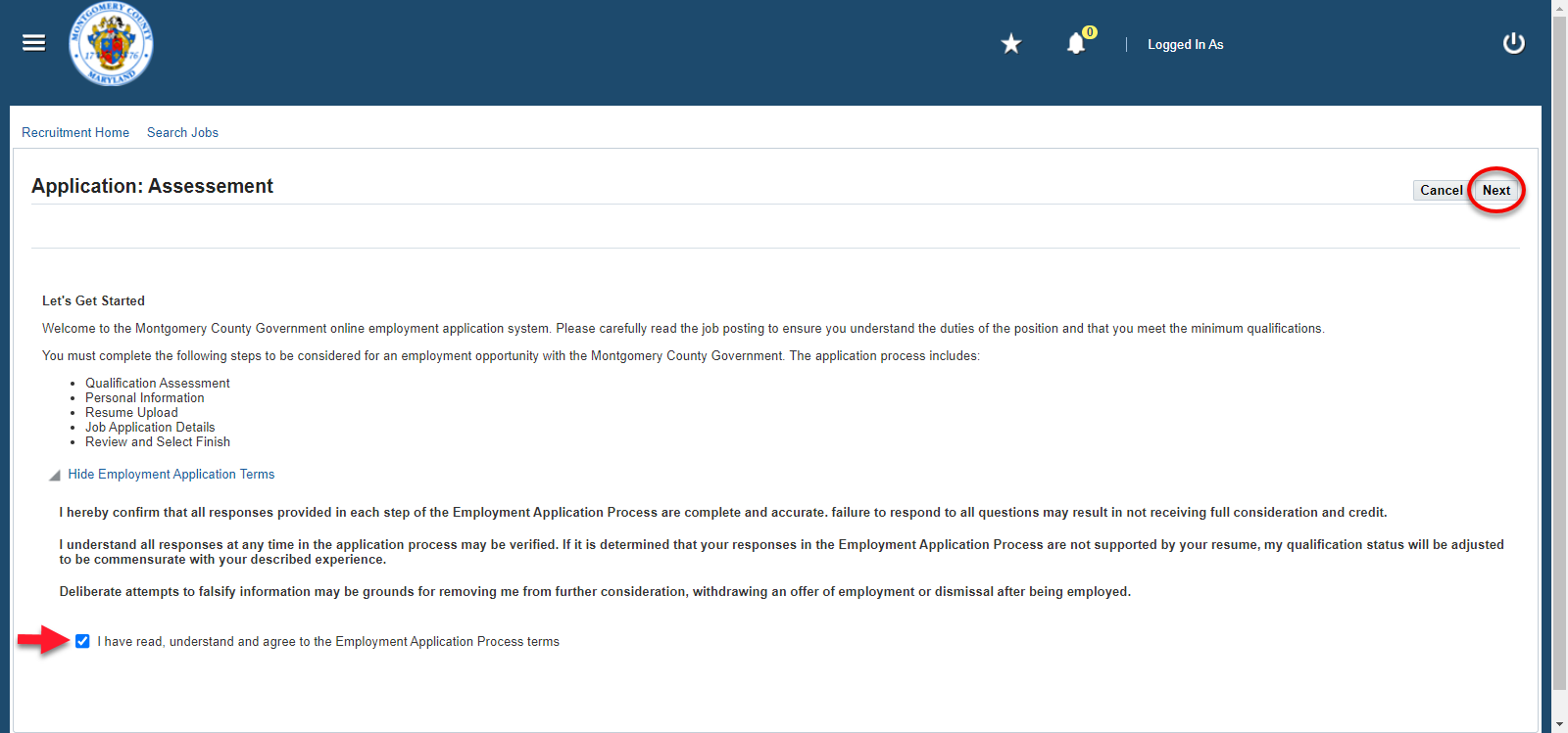 Application - checkbox for Employment Application Process terms