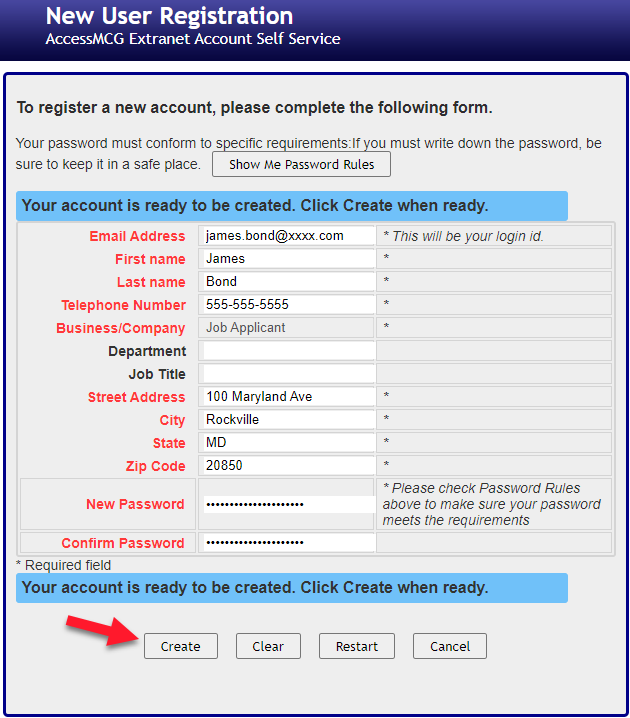 New User Registration Form.