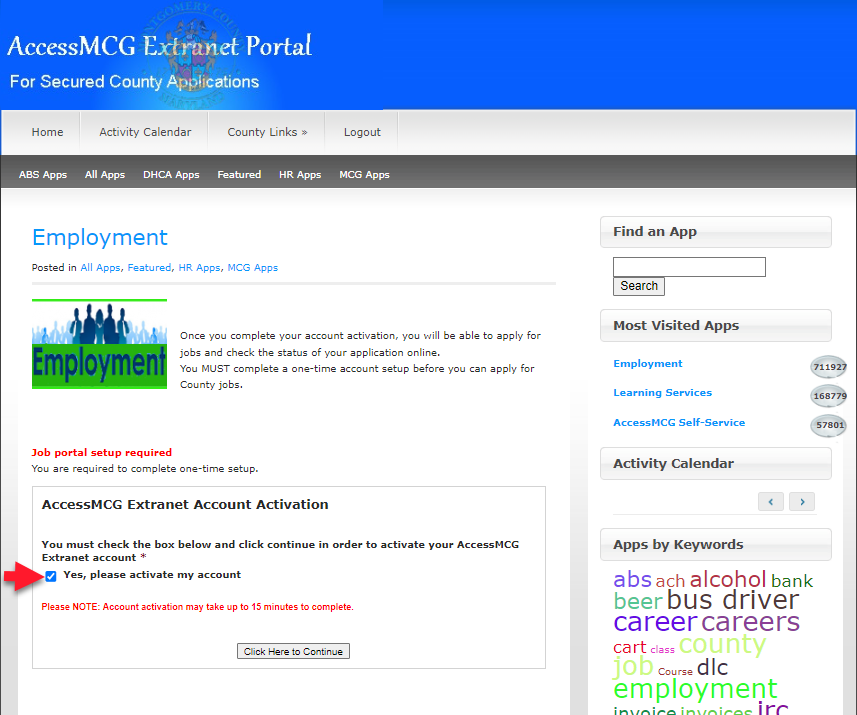 Activate your new account by clicking the Yes checkbox and selecting click here to continue button. 