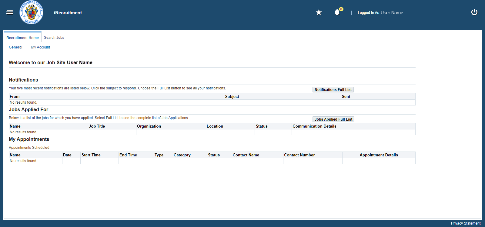 iRecruitment Home page.