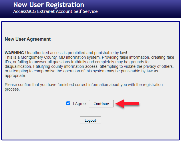 Read the new user account creation agreement dialog box.