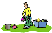Graphic of a person cleaning out a recycle bin.