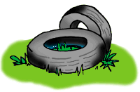 Graphic of old tires on a lawn.