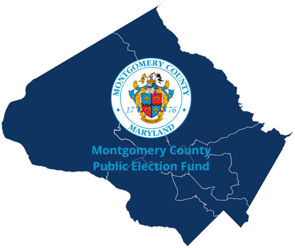 Montgomery County Public Election Fund. Background is a blue map of the county, with the county seal.