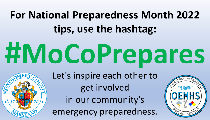 Image encouraging residents to use hastag MoCoPrepares on social media to share their preparedness tips and events