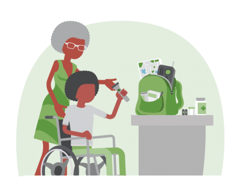 An older woman with glasses and gray hair assisting a younger person in a wheel chair. Together, they are assembling an emergency kit in a backpack.