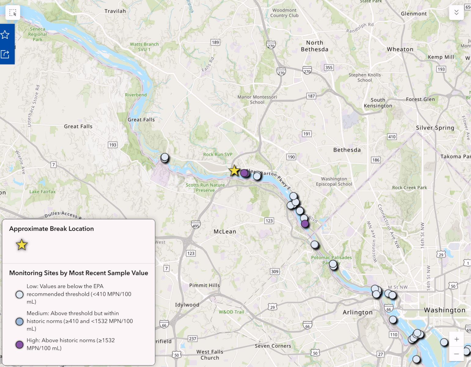 map of potomac interceptor collapse location in montgomery county