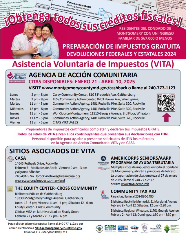 ¡Obtenga todos sus créditos fiscales! Asistencia Voluntaria de Impuestos (VITA) https://www.montgomerycountymd.gov/Cashback/Resources/Files/2026_VITA%20Partnership_Spanish.pdf
