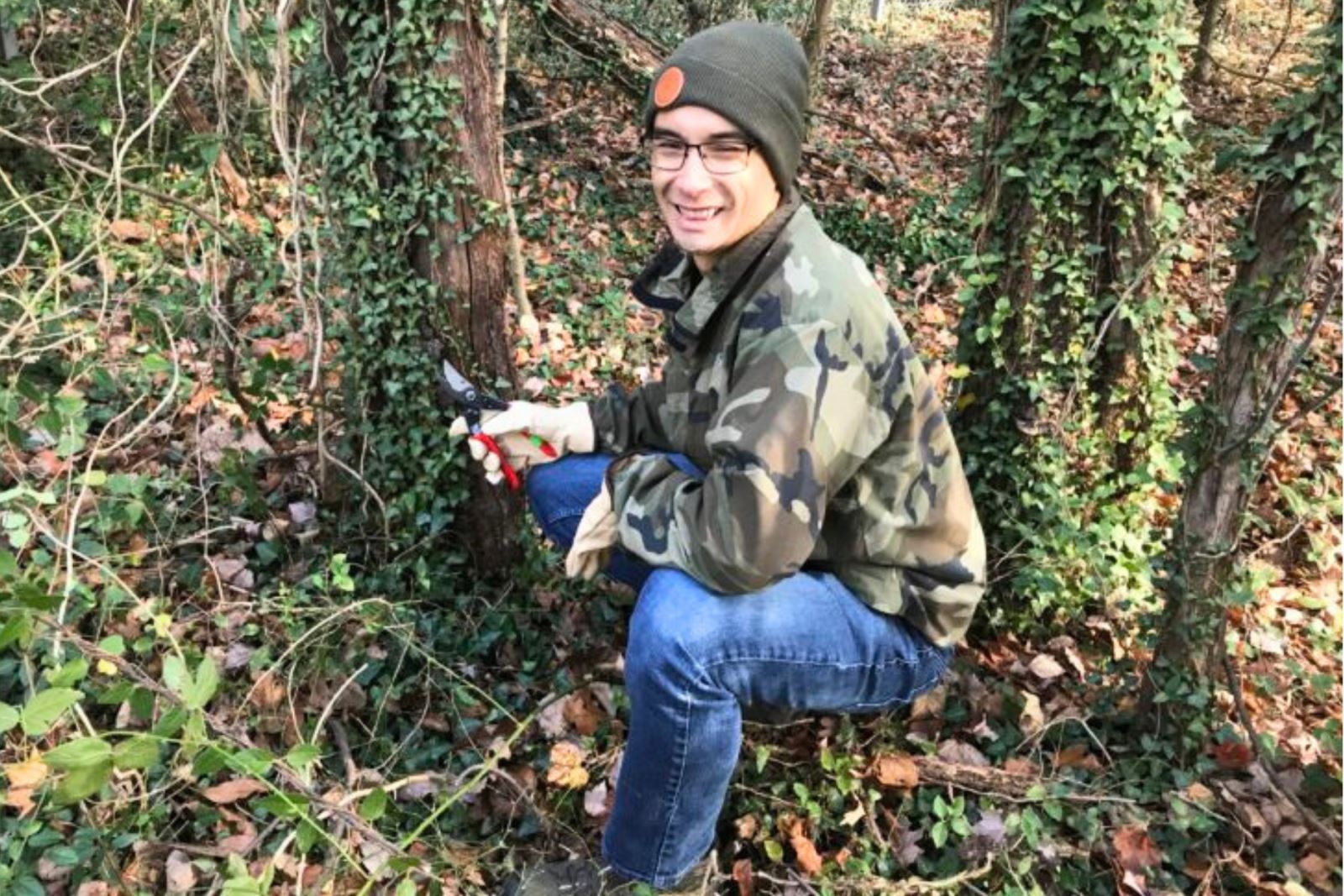 man removing vine from tree | Photo courtesy of Montgomery Parks, M-NCPPC