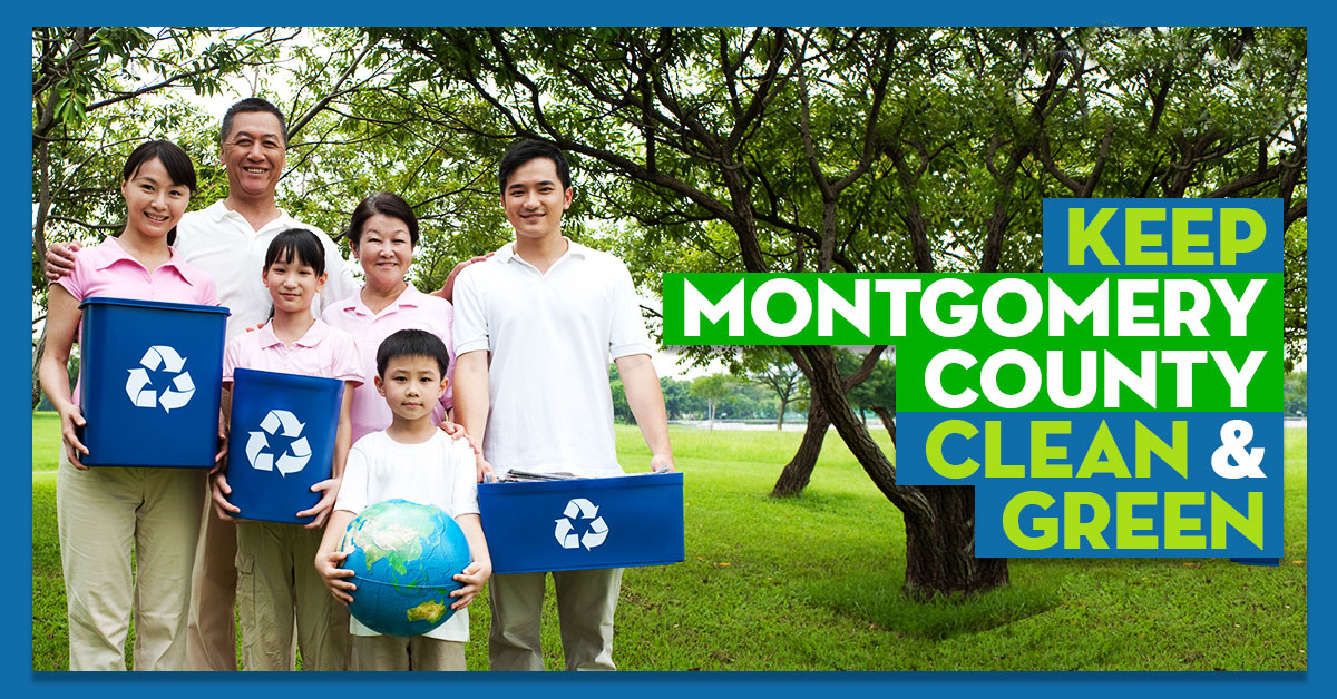 A family holding recycling bins and a globe with a message of Keep Montgomery County Clean and Green. 