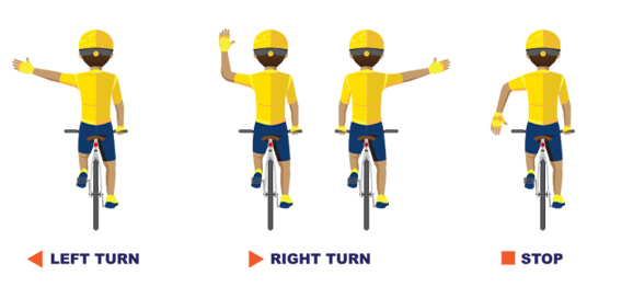 Pictures of Hand Signals for Left Turn, Right Turn, and Stop