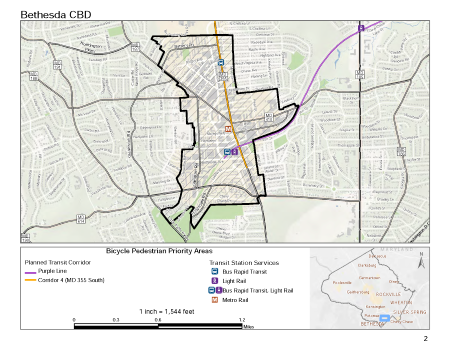 Map of Bethesda Pedestrian Priority Areas