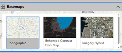 Three Basemaps options: Topographic, Enhanced Contrast Dark Map, Imagery Hybrid. A screenshot of a map AI-generated content may be incorrect.