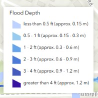 Flood Depth chart starting from light blue to purple: less than 0.5 ft (approx. 0.15 cm), 0.5 - 1 ft (approx. 0.15 - 0.3 m, 1 -2 ft (approx. 0.3 - 0.6 m), 2 - 3 ft (approx. 0.6 - 0.9 m), 3 - 4 ft (approx. 0.9 - 1.2 m), greater than 4 ft (approx. 1.2 m)