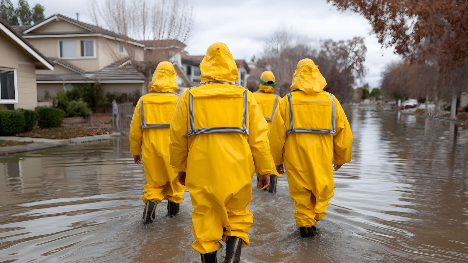 Emergency response workers wearing yellow suits with silver reflective borders and black boots wading in flooded residential neighborhood streets.