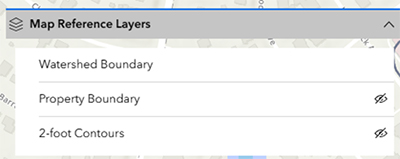 Map Reference Layers: Watershed Boundary, Property Boundary, 2-foot Contours. A screenshot of a computer AI-generated content may be incorrect.